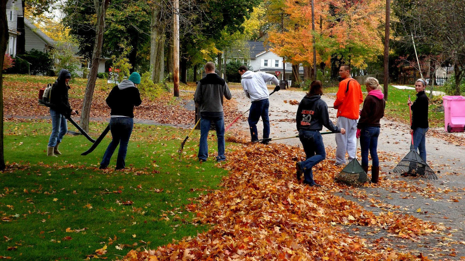 teens raking leaves teens raking leaves